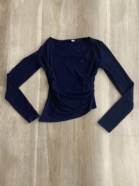 Darong Navy Ruched Asymmetrical Top XS | Long Sleeve Slim Fit Wrap Style Shirt